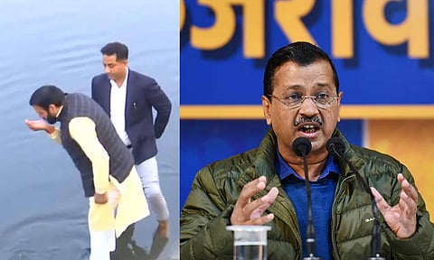 யமுனை நீரை குடித்த ஹரியானா முதல்வர்: பாசாங்கு காட்டினார் எனக்கூறிய அரவிந்த் கெஜ்ரிவால்