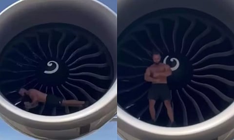 ஓடும் விமான எஞ்சின் முன் ஆபத்தான முறையில் தண்டால் எடுத்த பாடிபில்டர்.. வைரலாகும் வீடியோ