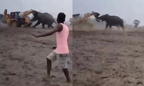 ஜே.சி.பி. மூலம் யானையுடன் மோதியவர்- வீடியோ