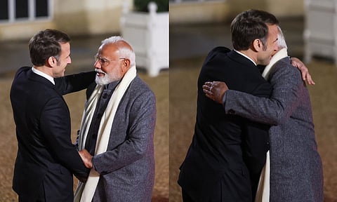 பிரதமர் மோடியை கட்டியணைத்து வரவேற்ற பிரான்ஸ் அதிபர்