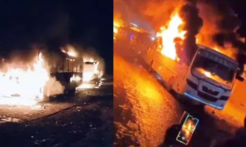 VIDEO: அதானி குழும லாரி மோதி இருவர் பலி.. 11 வாகனங்களை எரித்து மக்கள் கலவரம்