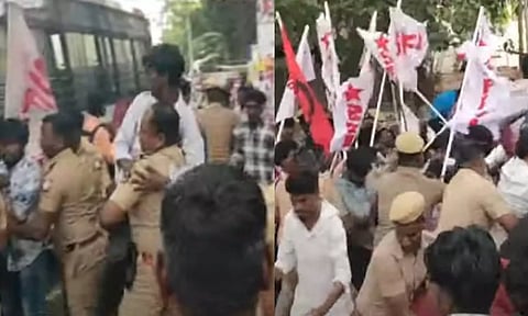 மும்மொழி கொள்கைக்கு எதிர்ப்பு: போலீசார்- இந்திய மாணவர் அமைப்பு இடையே தள்ளுமுள்ளு