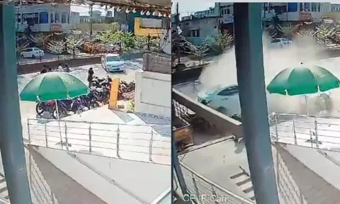 VIDEO: சாலையோரம் நிறுத்தப்பட்டிருந்த பைக்குகள் மீது வேகமாக மோதிய கார் - 3 பேர் காயம்
