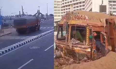 VIDEO: விசாகப்பட்டினத்தில் தடுப்புச் சுவரை இடித்துக்கொண்டு பாய்ந்த லாரி - 2 பேர் காயம்