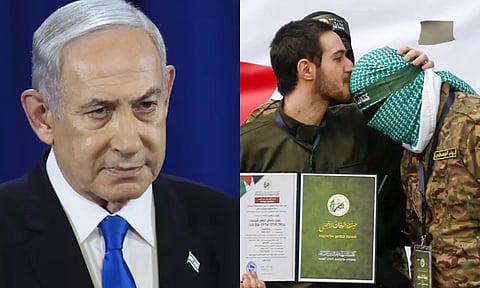 ஹமாஸ் போராளிக்கு இஸ்ரேல் பிணைக்கைதி முத்தம்.. டென்ஷனான நேதன்யாகு - பாலஸ்தீன கைதிகளை விடுவிக்க மறுப்பு