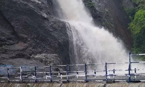 மெயின் அருவி மற்றும் பழைய குற்றாலம் அருவிகளில் வெள்ளப்பெருக்கு ஏற்பட்டுள்ள காட்சி.