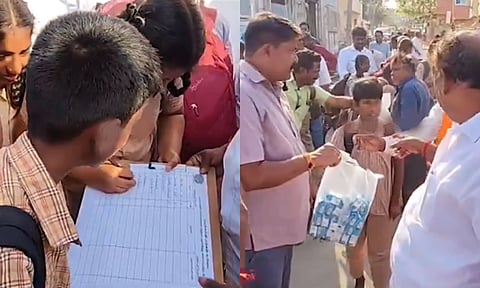 பள்ளி மாணவர்களுக்கு பிஸ்கட் கொடுத்து மும்மொழிக்கொள்கைக்கு ஆதரவாக கையெழுத்திட வைத்த பா.ஜ.க.வினர்