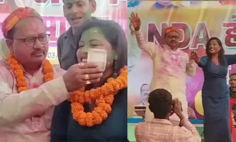 ஹோலி விழாவில் ஆபாசப் பாட்டு.. பெண்ணுடன் விரசமாக நடனமாடிய பீகார் ஆளும் கட்சி எம்எல்ஏ - வைரல் வீடியோ