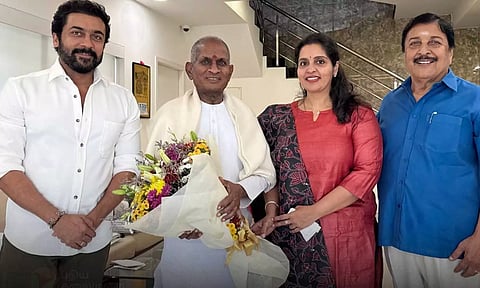 இசைஞானி இளையராஜாவை  நேரில் சந்தித்து நடிகர்கள் சிவகுமார், சூர்யா வாழ்த்து