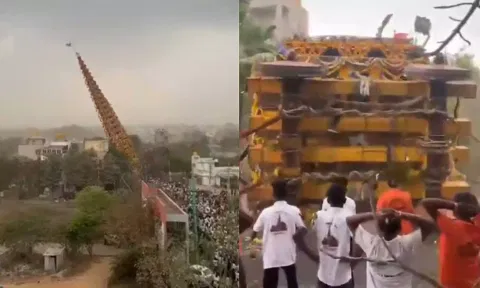 VIDEO: கோவில் திருவிழாவின்போது 150 அடி உயர தேர் சாய்ந்து விபத்து
