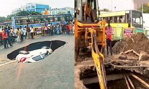 சாலையில் ஏற்பட்ட திடீர் பள்ளம் - சீரமைப்பு பணிகள் தீவிரம்