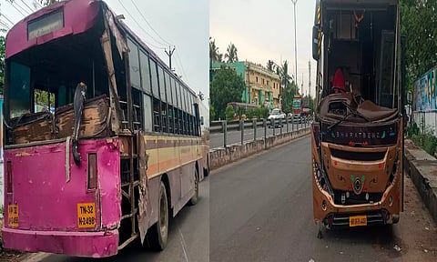 மயிலம் அருகே அரசு பஸ் மீது சொகுசு பஸ் மோதல்- 32 பேர் காயம்
