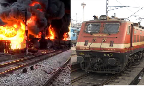 பயணிகள் கவனத்திற்கு... சரக்கு ரெயிலில் தீ விபத்து: 8 விரைவு ரெயில்கள் ரத்து - முழு விவரம்