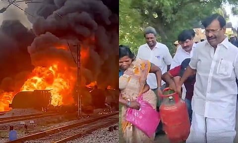 சரக்கு ரெயிலில் தீ விபத்து - சிலிண்டரை எடுத்து சென்று பொதுமக்களுக்கு உதவிய அமைச்சர் நாசர்