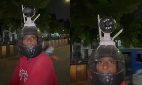 உயிருக்கு பயந்து சிசிடிவி கேமரா பொருத்திய ஹெல்மெட் உடன் பயணிக்கும் நபரின் வீடியோ வைரல்