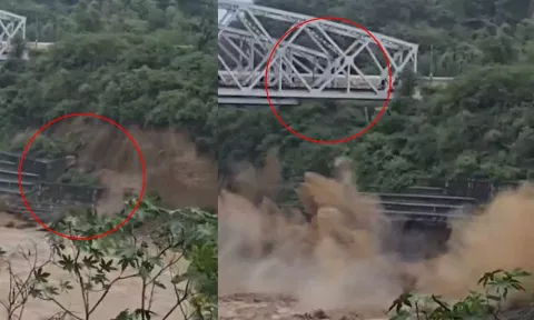 VIDEO: ரெயில் சென்றுகொண்டிருந்த போதே பாலத்தின் தாங்கு சுவர் இடிந்து விழுந்ததால் அதிர்ச்சி