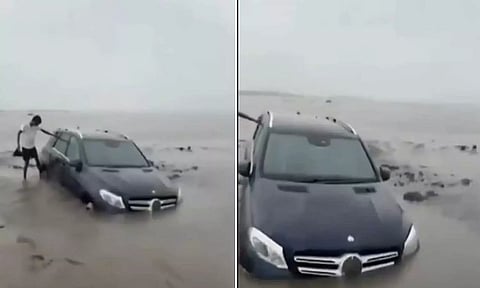 குஜராத்: கடற்கரை மணலில் சிக்கிய சொகுசுக் கார் - வைரல் வீடியோ