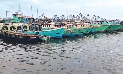 தடை காரணமாக ராமேசுவரத்தில் நிறுத்தி வைக்கப்பட்டுள்ள விசைப்படகுகள்.