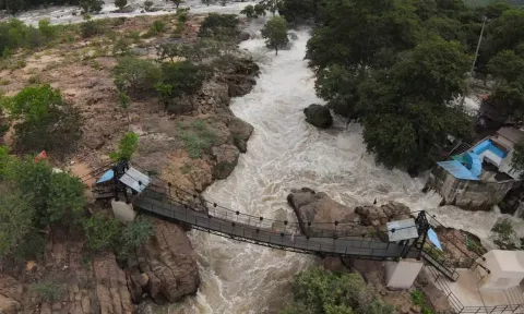 ஒகேனக்கல் காவிரி ஆற்றில் வெள்ளம் கரைபுரண்டு ஓடுவதை காணலாம்.