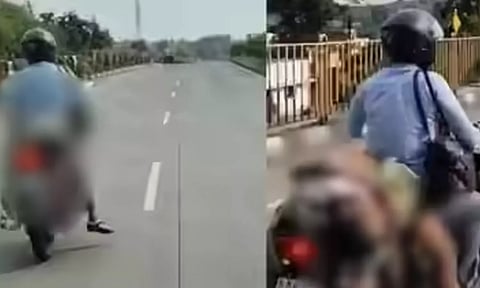 VIDEO: லாரி மோதி உயிரிழந்த மனைவியின் உடலை பைக்கில் கட்டி கொண்டு சென்ற கணவர்