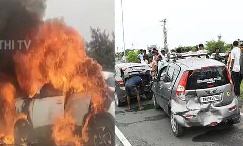 ஒன்றன்பின் ஒன்று மோதிய 3 வாகனங்கள்.. தீப்பற்றி எரிந்த கார் - விழுப்புரம்-சென்னை நெடுஞ்சாலையில் பரபரப்பு