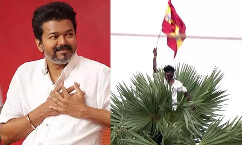 மதுரை மாநாட்டில், த.வெ.க. கொடியுடன் பனை மரத்தில் ஏறிய தொண்டரால் பரபரப்பு