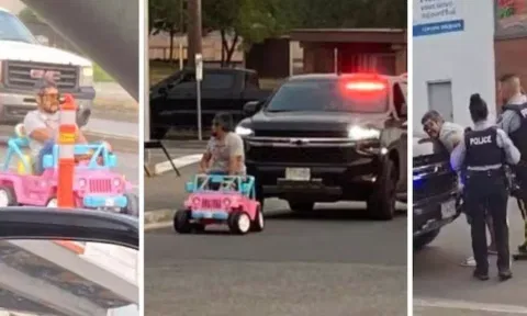 குழந்தைகள் ஓட்டும் குட்டி பார்பி ஜீப்பை பிரதான சாலையில் ஓட்டிய நபர் கைது