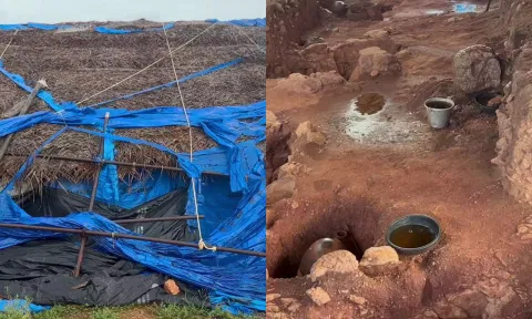 சேதமடைந்த தற்காலிக கூரைகள் - அகழாய்வு பணிக்காக தோண்டப்பட்ட குழிகளில் மழைநீர் தேங்கி உள்ளது.