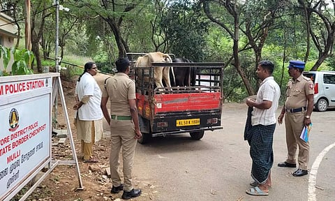 முள்ளி சோதனை சாவடியில் கால்நடை மருத்துவ குழுவினர் வாகனங்களில் சோதனையில் ஈடுபட்டதை படத்தில் காணலாம்.