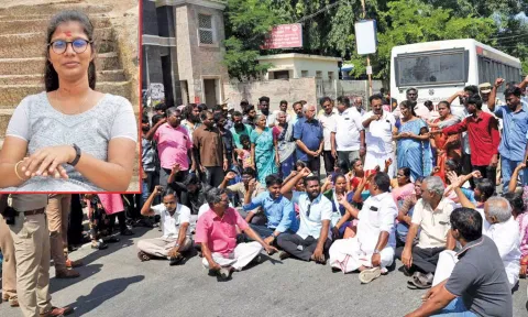 கொலை செய்யப்பட்ட மீரா ஜாஸ்மினின் உறவினர்கள் மறியலில் ஈடுபட்ட காட்சி. (உள்படம்: மீரா ஜாஸ்மின்)