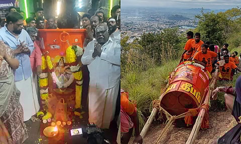 மகாதீப கொப்பரைக்கு சிறப்பு பூஜை செய்த காட்சி - மலை உச்சிக்கு கொண்டு செல்லப்பட்ட மகாதீப கொப்பரை