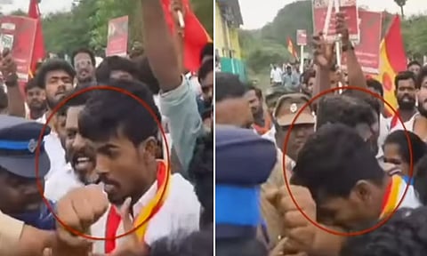 கண்டன ஆர்ப்பாட்டத்தின்போது போலீசாரின் கையை கடித்த தவெக தொண்டர்!