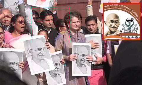 100 நாள் வேலை திட்டத்தில் காந்தியின் பெயரை மாற்ற எதிர்ப்பு தெரிவித்து எதிர்க்கட்சிகள் போராட்டம்