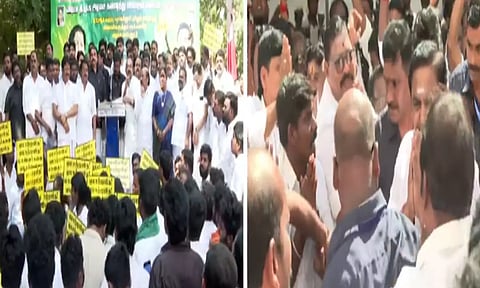 பள்ளி மாணவர்களுக்கு இலவச லேப்டாப் வழங்க வலியுறுத்தி அதிமுகவினர் போராட்டம்