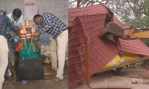 திருப்பூர் அருகே ஆக்கிரமித்து கட்டப்பட்டிருந்த கோவில் இடித்து அகற்றம்: பொதுமக்கள் எதிர்ப்பு-போலீஸ் குவிப்பு