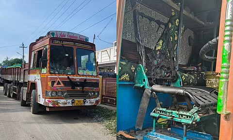 லாரி டிரைவர் இருக்கை பெட்ரோல் குண்டு வீச்சால் சேதம் அடைந்திருக்கும் காட்சி.