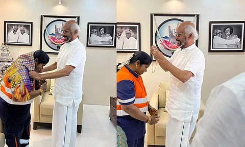 தூய்மைப் பணியாளர் பத்மாவை வீட்டிற்கு அழைத்து தங்க செயின் பரிசளித்த ரஜினி