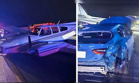 VIDEO: அமெரிக்காவில் நடுரோட்டில் தரையிறங்கிய சிறிய ரக விமானம் - 3 வாகனங்கள் மீது மோதி விபத்து