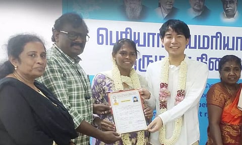 ஜப்பான் மாப்பிள்ளைக்கும் தமிழ்ப் பெண்ணுக்கும் சென்னையில் நடைபெற்ற சுயமரியாதை திருமணம்!