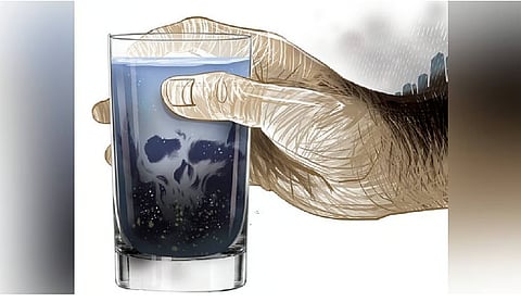 An artistic illustration of a hand holding a glass of dark, polluted water with a skull silhouette inside, symbolizing contaminated supply.