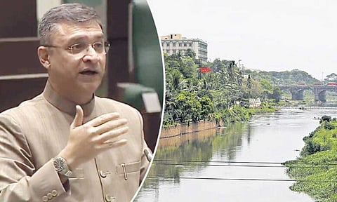 A composite image featuring MLA Akbaruddin Owaisi speaking in the assembly on the left and a view of the polluted Musi River in Hyderabad on the right.