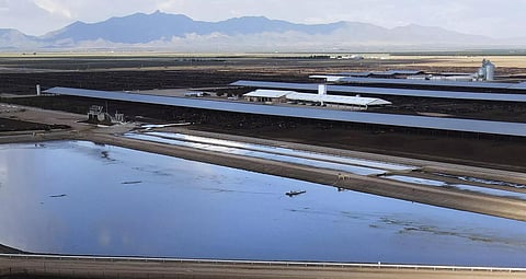 An aerial photograph showing a sprawling industrial dairy complex in a flat desert valley. In the foreground, large, rectangular water storage lagoons reflect the blue sky. Behind the water, several extremely long, silver-roofed barn structures are arranged in parallel rows across the brown earth. In the background, a range of hazy blue mountains sits under a partly cloudy sky, illustrating the massive scale of the facility in the arid landscape.