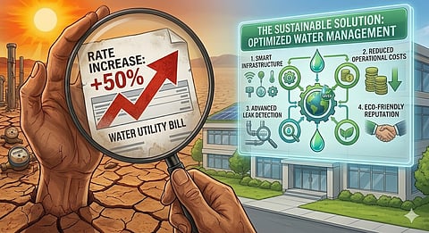 A conceptual infographic image illustrating the journey from water scarcity and high utility bills (magnifying glass over a +50% rate increase) to a smart