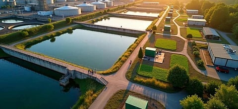 Aerial photograph of a modular wastewater treatment facility with rectangular sedimentation ponds and green landscaping, representing a decentralized approach.