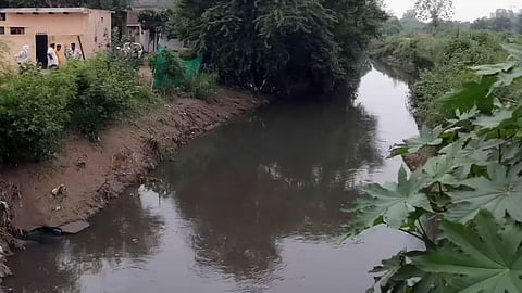 A narrow, dark-colored drain or canal flowing through a residential area in Haryana, showing signs of pollution.