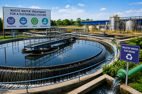 The tank contains dark water with visible patterns of separated solids and clear supernatant, featuring a central mechanical scraper arm and a pedestrian bridge extending to the middle