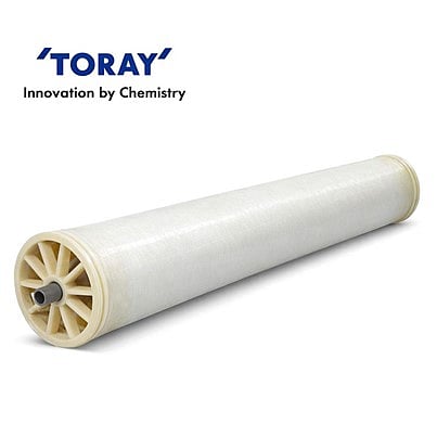 Spiral-wound RO membrane elements displayed inside a sleek industrial facility or a high-capacity seawater desalination plant manifold.