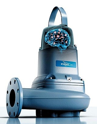 Blue Xylem Flygt Concertor smart wastewater pump with a glowing digital brain graphic inside its upper housing