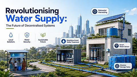 Smart local water treatment, rainwater harvesting, sensors, storage tanks, and community supply