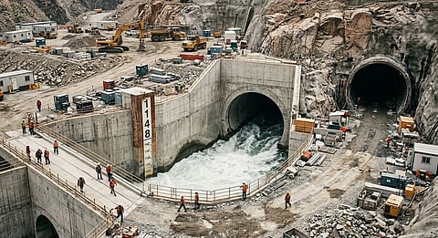 Wide-angle aerial view of a massive concrete water tunnel intake structure under construction in a rocky mountain terrain, showing churning water rushing out of a central tunnel while workers and heavy machinery operate on the surrounding site